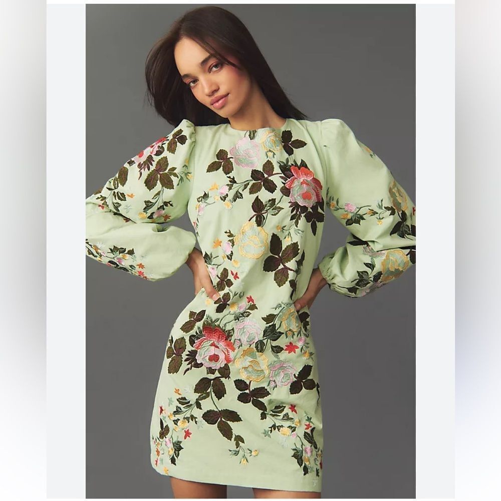 Anthropologie Let Me Be Long-Sleeve Embroidered Mini Dress Medium
